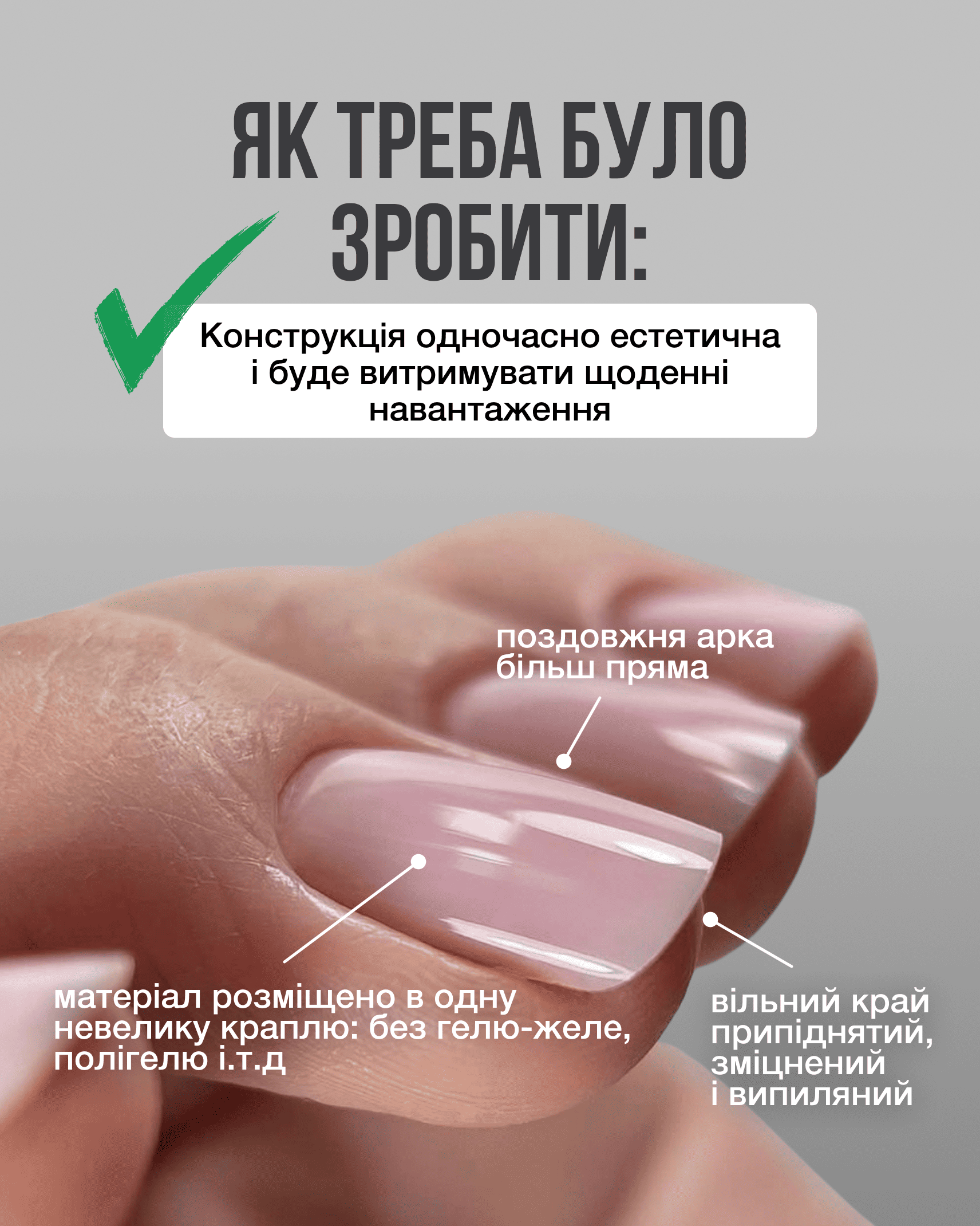 Правильне зміцнення клюючого нігтя з прямою поздовжньою аркою та укріпленим вільним краєм